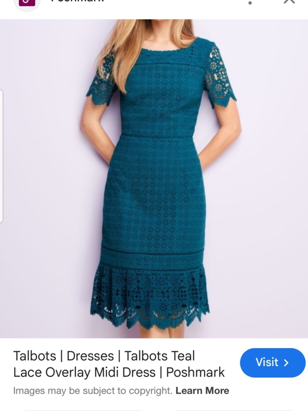 Talbots Teal Lace Mid-Length Dress with Crochet Details | Size 14